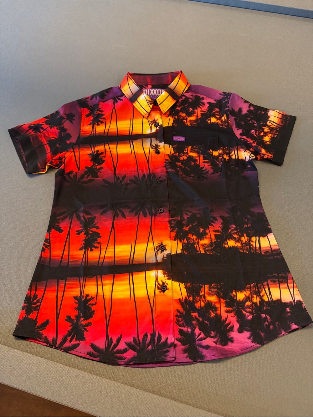 DIXXON Sunset Palm Short-Sleeve Button-Up — Red, Orange, Purple